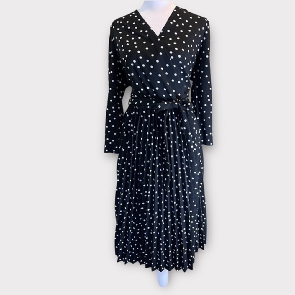 Lark + Grey pleated polka dot wrap long sleeve dress